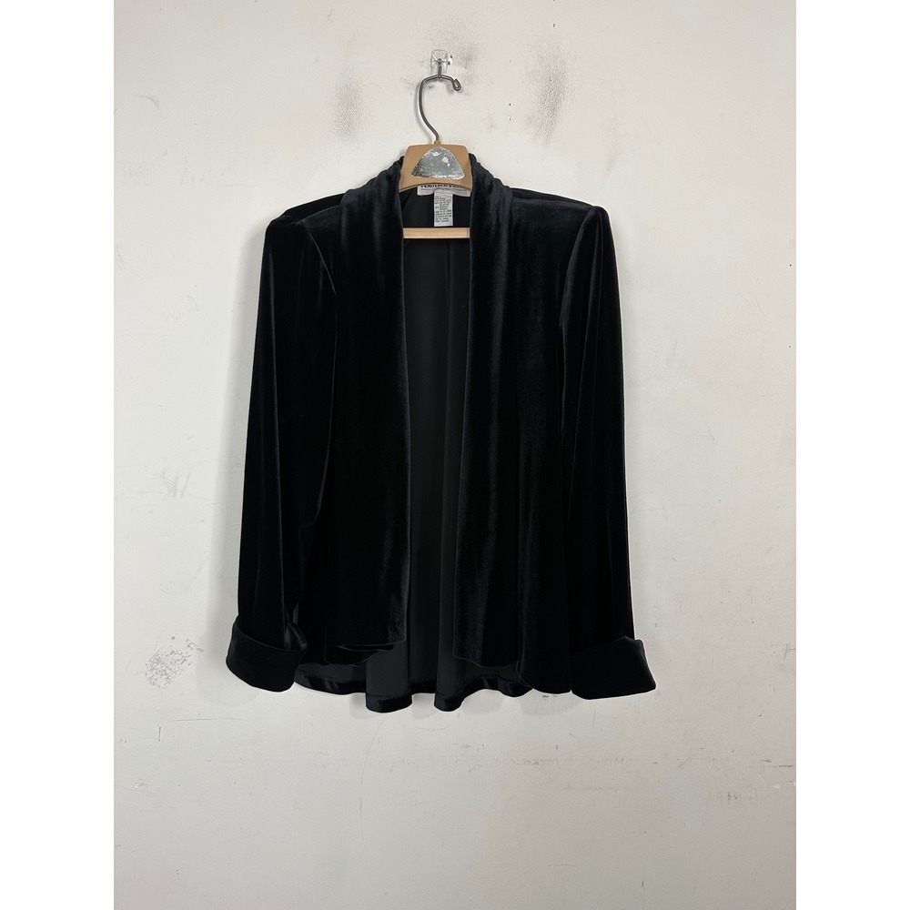 Another Thyme Black Velvet Open Front Cardigan Jacket Shawl Collar Size L